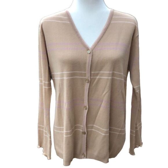 Punto Fashion Sweaters - Punto Cardigan Womens Large Tan White Purple Stripe Crew Neck Knit Sweater